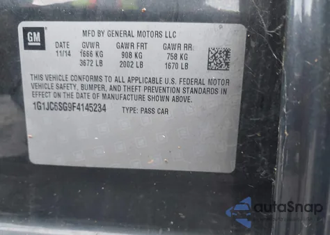 2015 Chevrolet Sonic Lt Auto из США, поврежденный, VIN 1G1JC6SG9F4145234